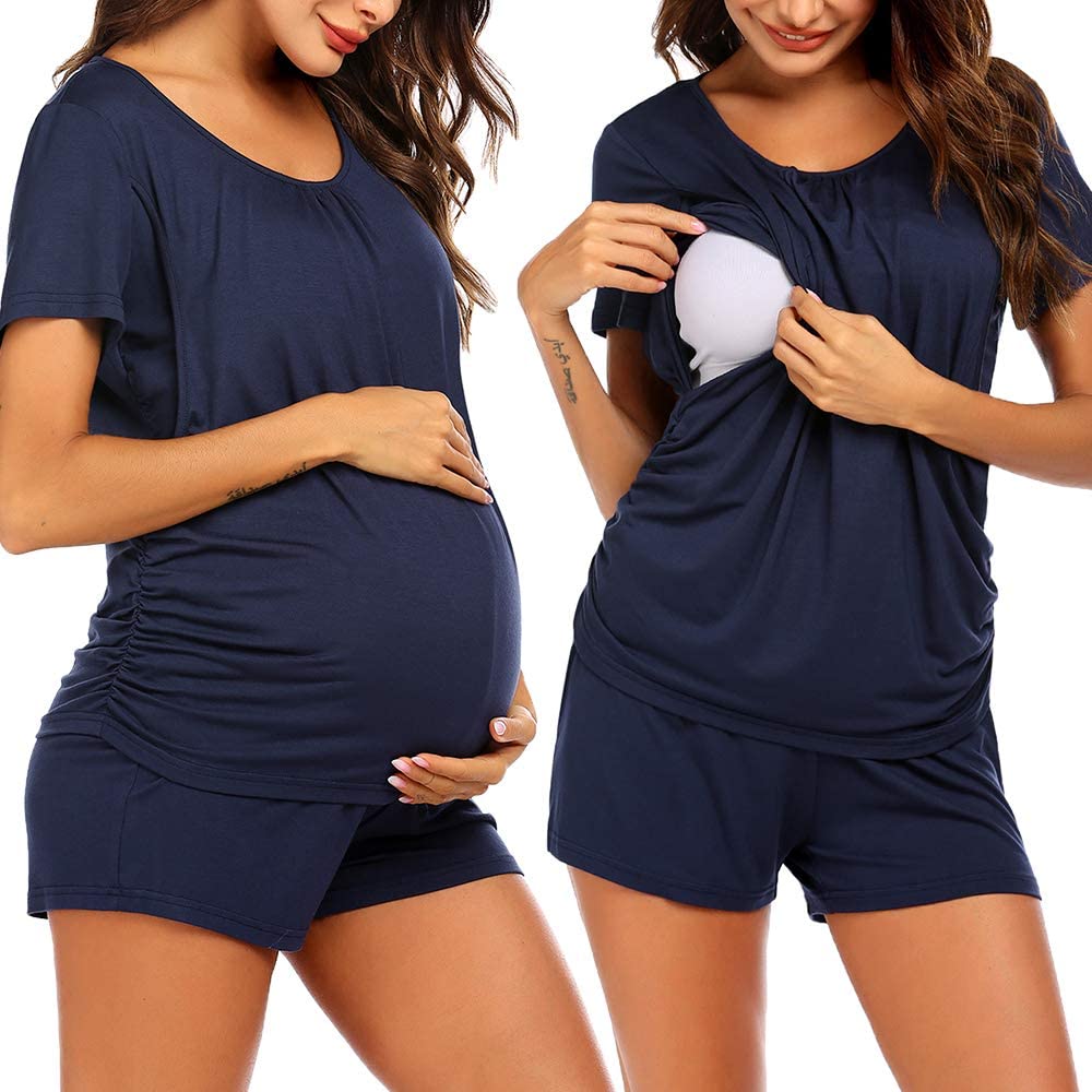 Ekouaer 3/4 Sleeve Maternity Pajama Sets for Hospital Double Layer Woman Nursing Sleepwear Set for Breastfeeding 