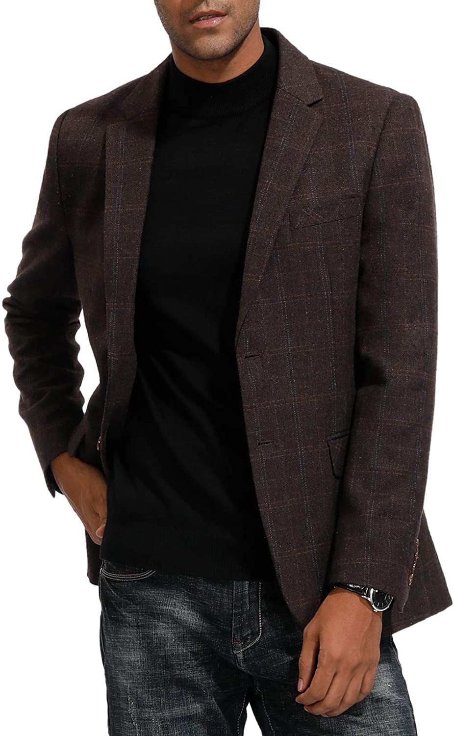 PJ PAUL JONES Men's Wool Blend Blazer Suits Jacket Slim Fit Plaid Sport