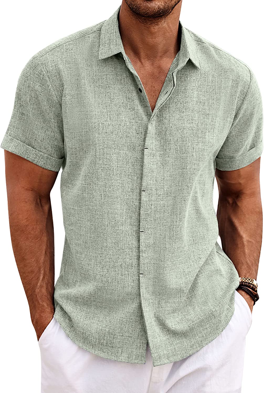 COOFANDY Men's Linen Shirts Short Sleeve Casual Shirts Button Down