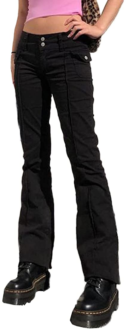 Buy Woman Slim Low Waist Flare Pants Vintage Pockets Solid Y2K