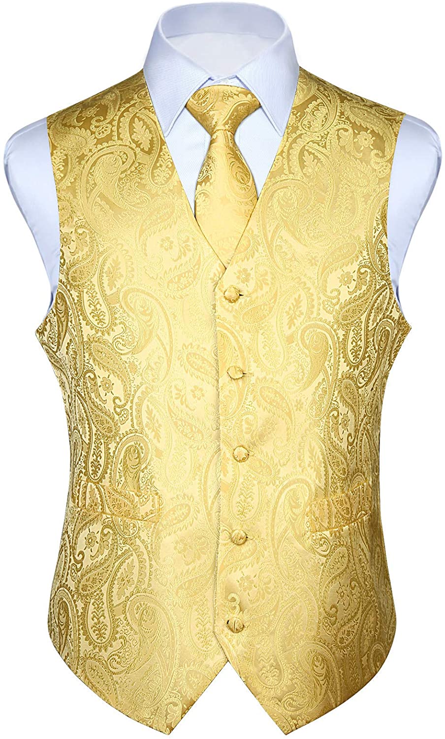 HISDERN 3pc Men's Paisley Floral Jacquard Vest Suit & Necktie and Pocket Square Set Waistcoat for Tuxedo Wedding Party