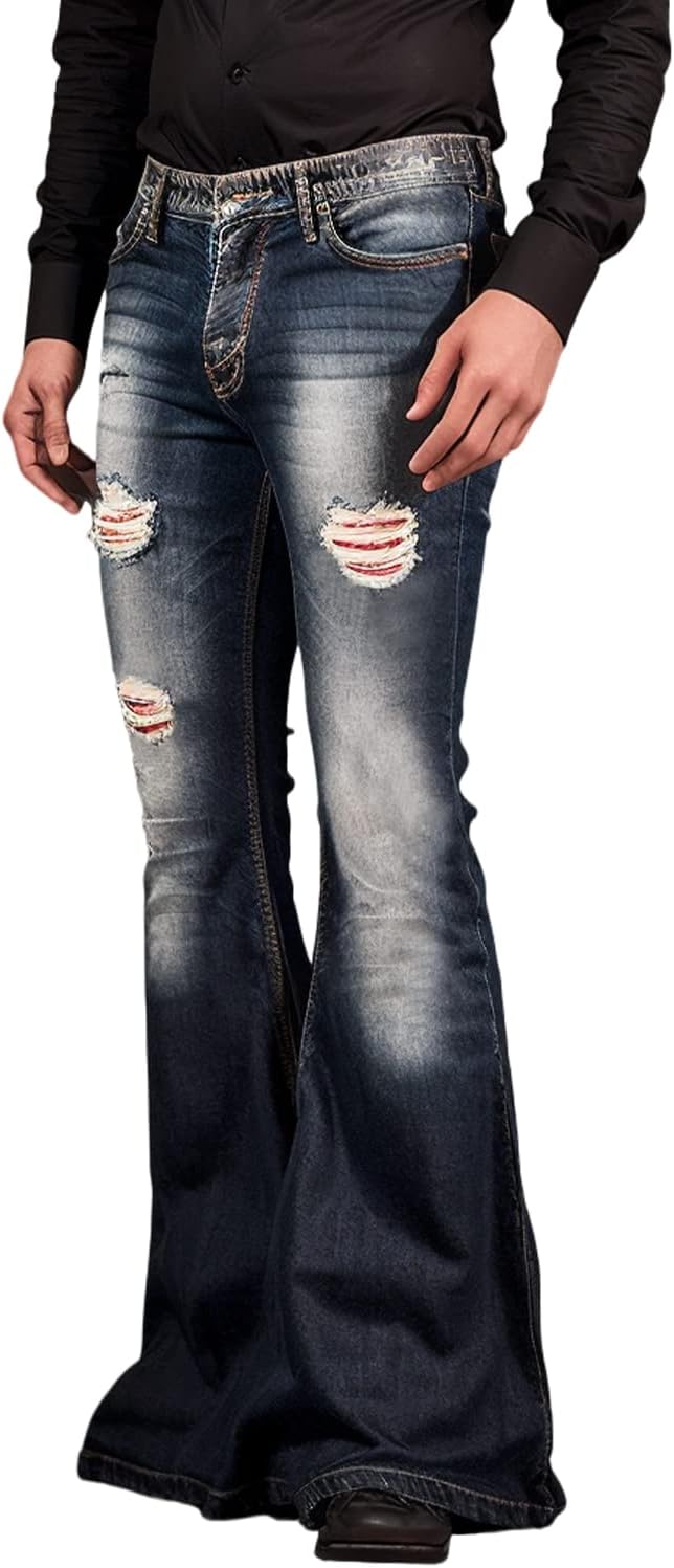 Frontwalk Men Vintage 60s 70s Bell Bottom Stretch Fit Classic Denim Jeans  Flared Flares Retro Leg Disco Denim Pants