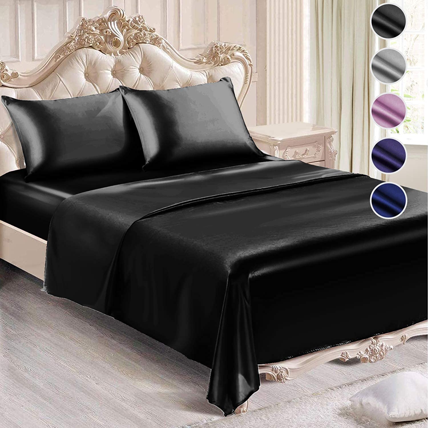 Super Soft King Size Satin Sheet Set 4-pcs Flat Fitted Bed Cover 2 Pillowcases 