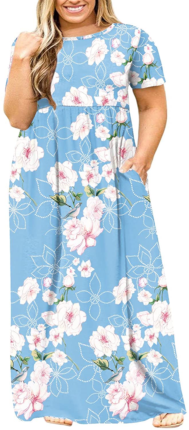 BISHUIGE Women Summer L-6X Plus Size Maxi Dress Long Dresses with Pockets 