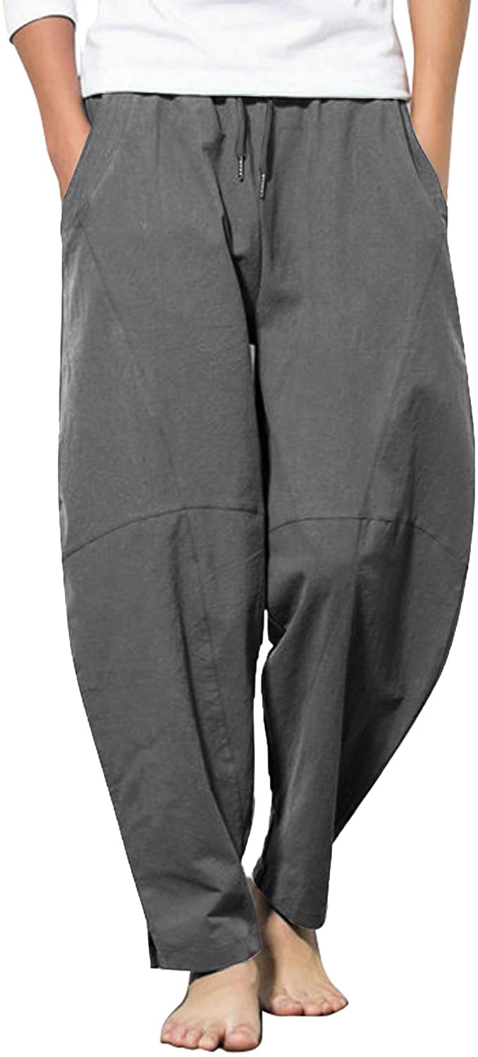 COOFANDY Men's Baggy Harem Pant Drawstring Elastic Waist Casual Cotton Linen Beach Pants 