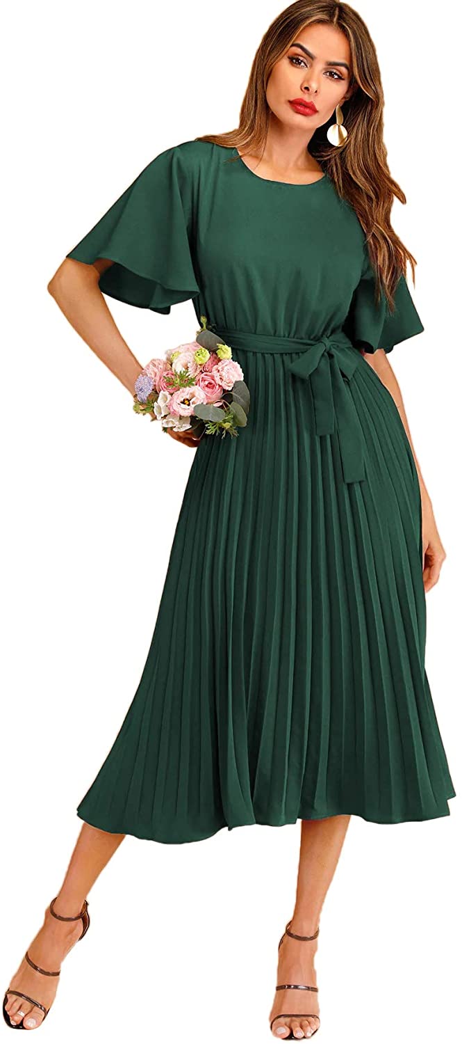 Milumia Women's Elegant Belted Pleated Flounce Sleeve Long Dress | eBay