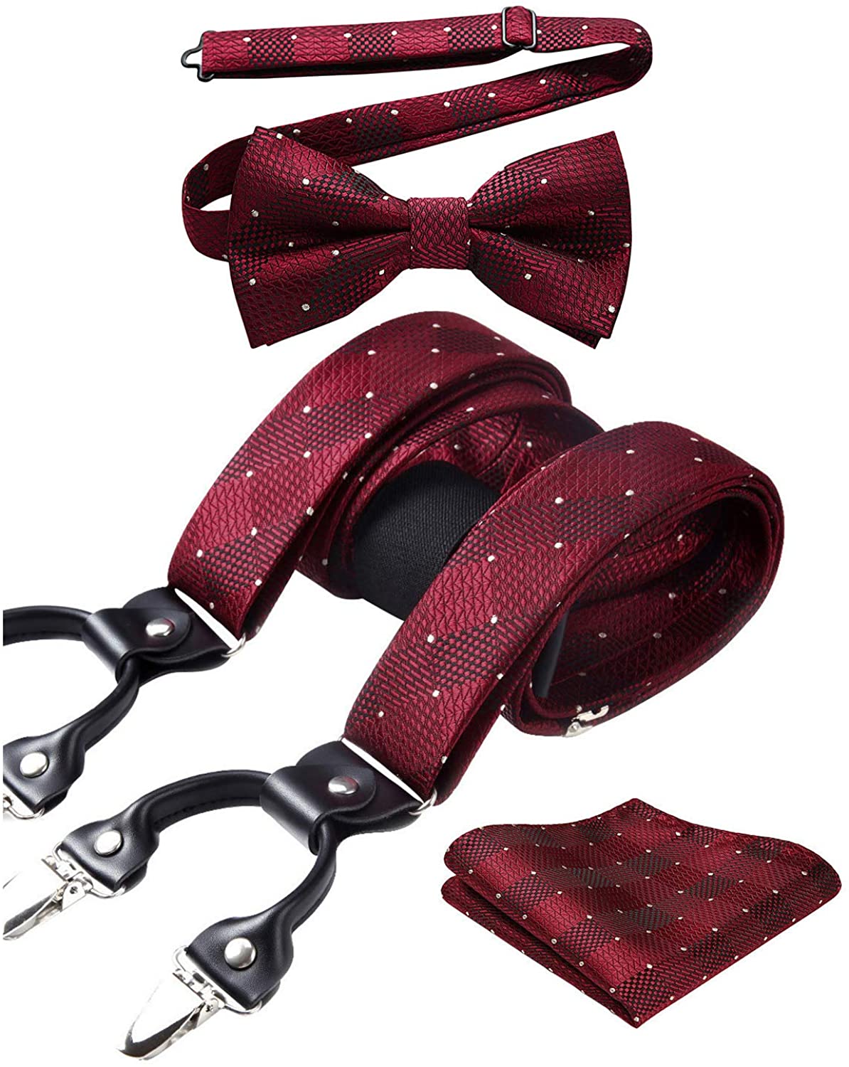 HISDERN Check Dots 6 Clips Suspenders & Bow Tie and Pocket Square Set Y Shape Adjustable Braces