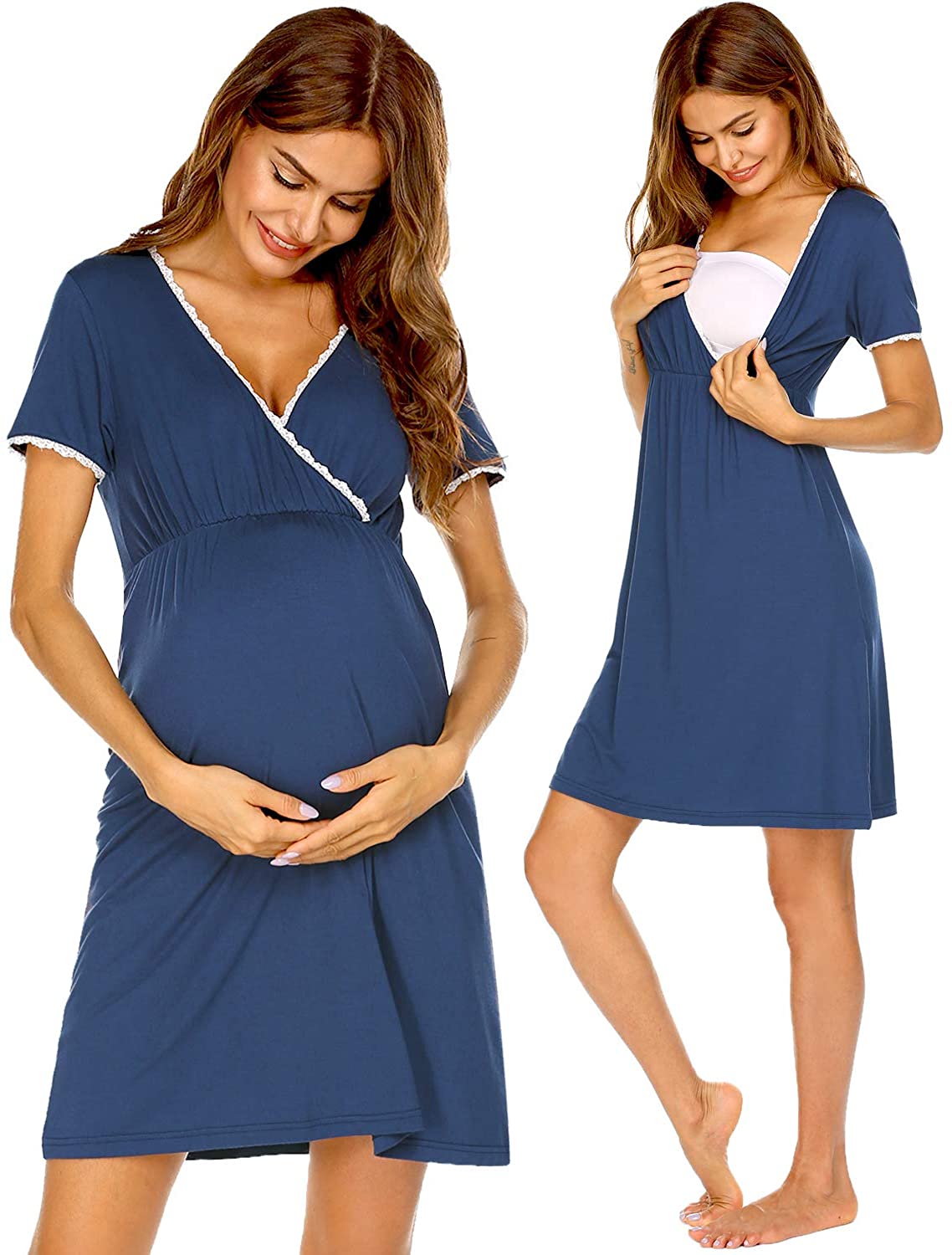 Ekouaer Womens Short Sleeve delivery/Maternity/Nursing Nightgown Pregnancy Gown Striped Night Sleep Dress