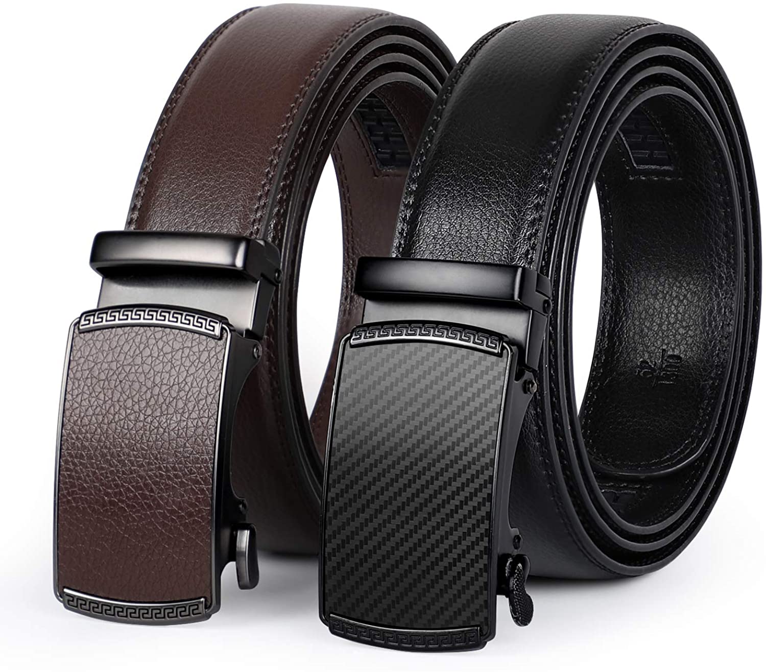 Bluecton Men Leather Belt Designer Dress Ratchet Automatic Slide Buckle Black Plus Size to 72'' Trim To Fit 