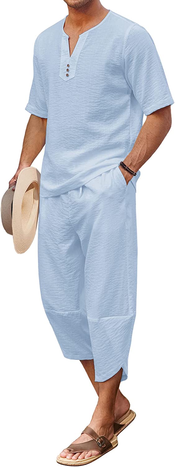 COOFANDY Men's 2 Piece Linen Set Short Sleeve Henley Shirts and