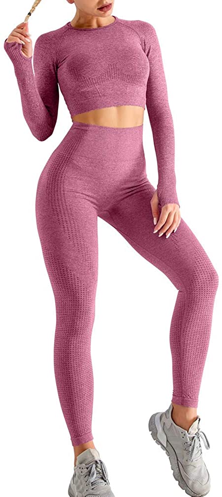 HYZ Womens Seamless 2 Piece Outfits Workout Long Sleeve Crop Top High Waist  Yoga Legging Sets