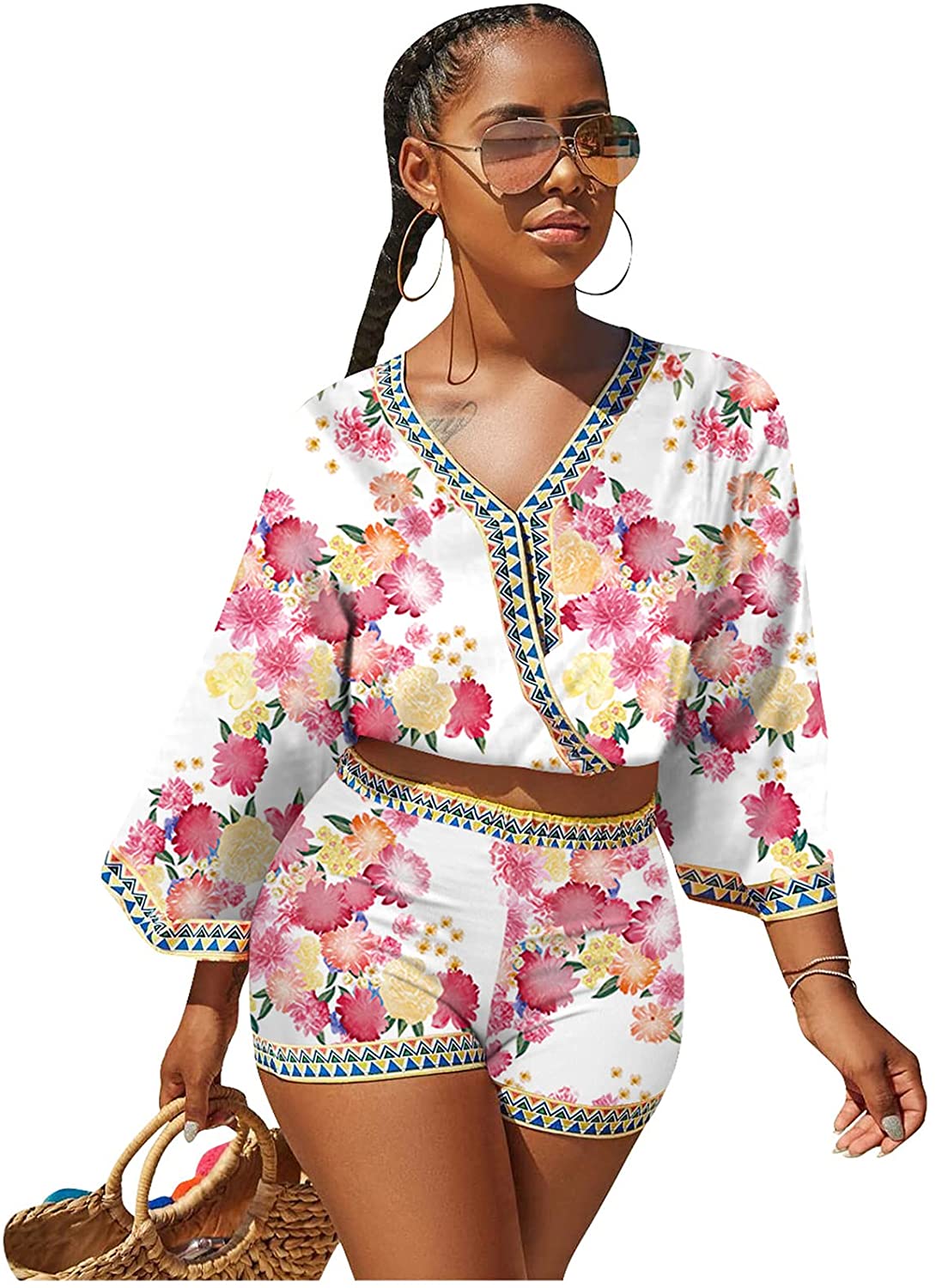 KaLI_store Matching Short Sets for Women 2 Piece Outfits for Women Summer  Two Piece Crop Top Shorts Set Boho Floral Print Romper Jumpsuit Beige,M 