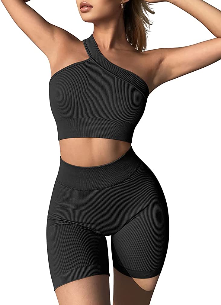 OQQ Workout Outfits for Women 2 Piece Ribbed Seamless High Waist Shorts  with One
