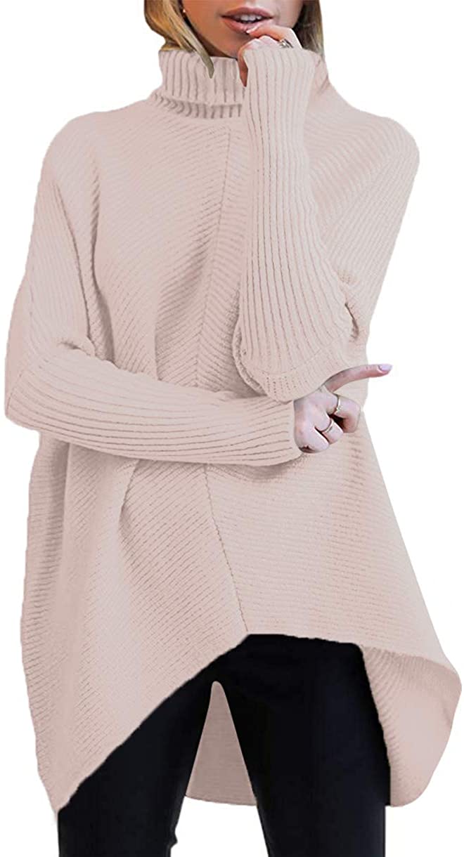 Beyove Womens Turtleneck Sweaters Long Batwing Sleeve Knit Sweater Asymmetric Hem Pullover Winter Ribbed Tops 