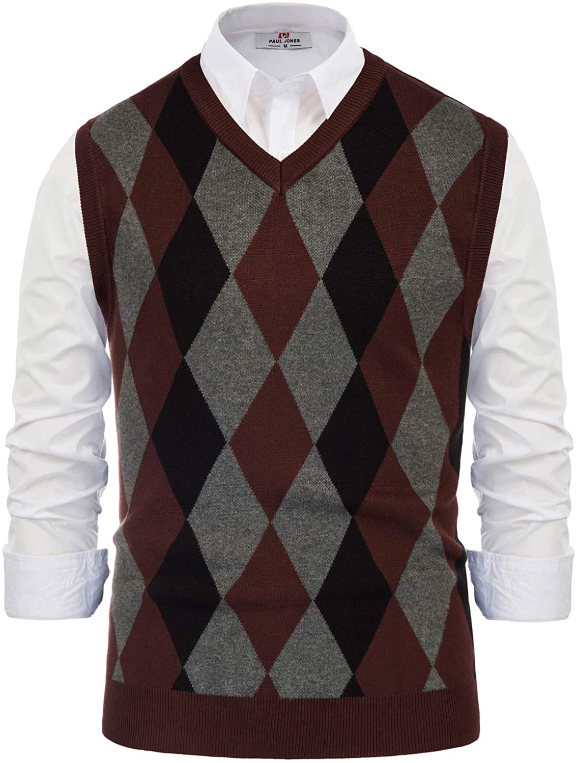 PJ PAUL JONES Mens Casual Argyle Sweater Vest V-Neck Sleeveless Pullover Knitwear Vests 