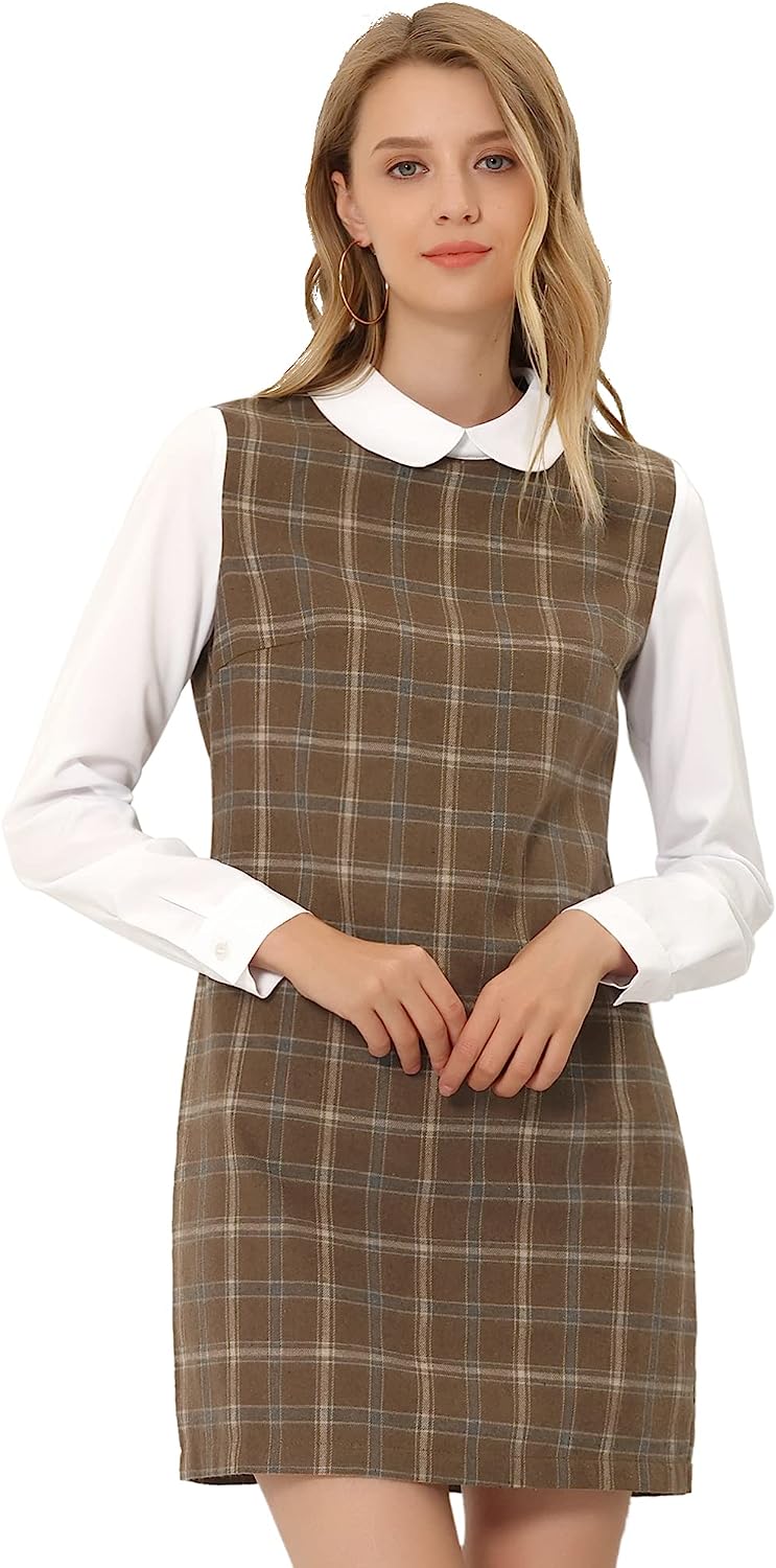 Allegra K Plaid Dress for Women's Contrast Collar 3/4 Sleeve