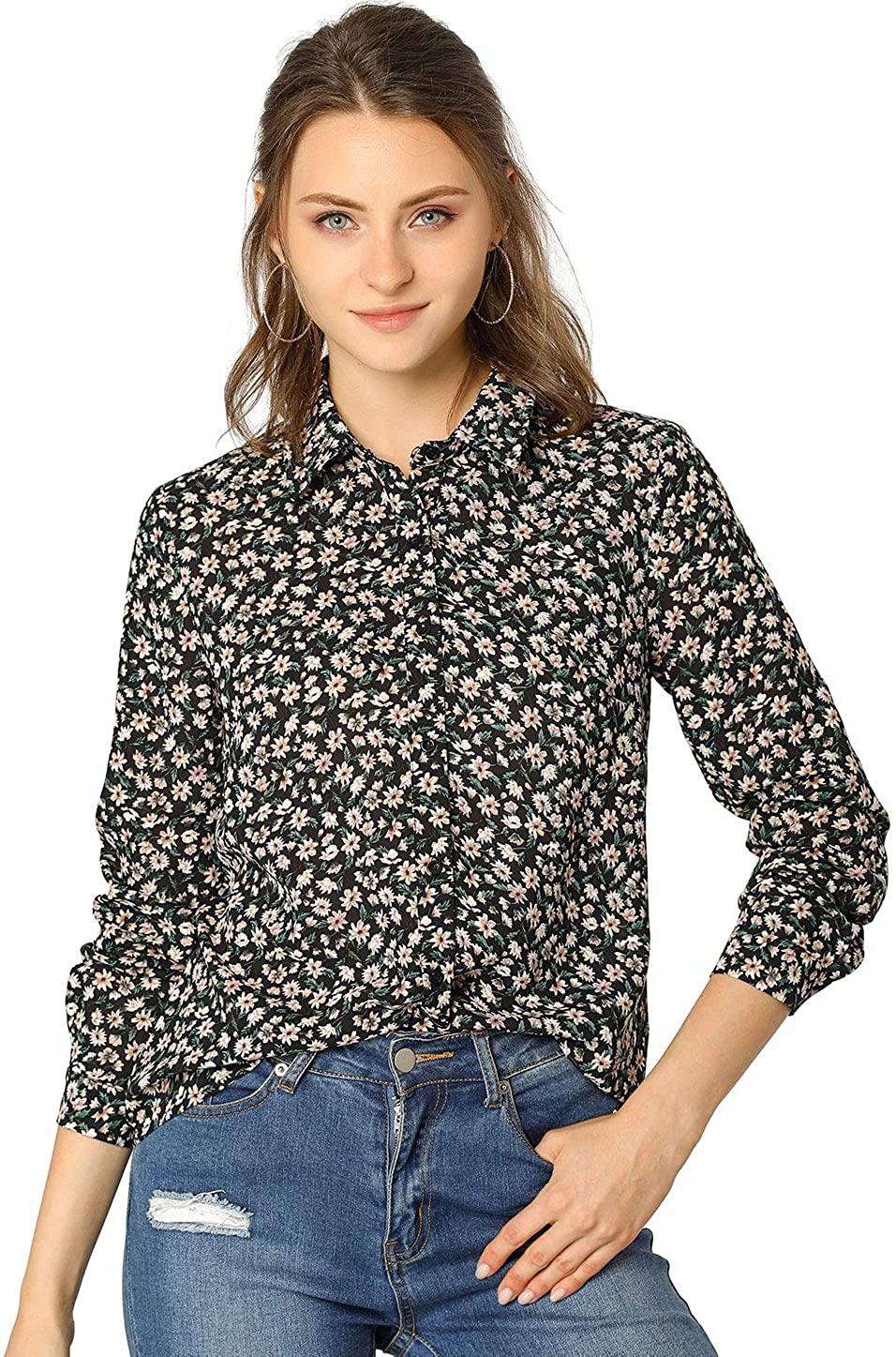 Allegra K Women's Button Down Shirt Long Sleeve Point Collar Floral Blouse  at  Women’s Clothing store