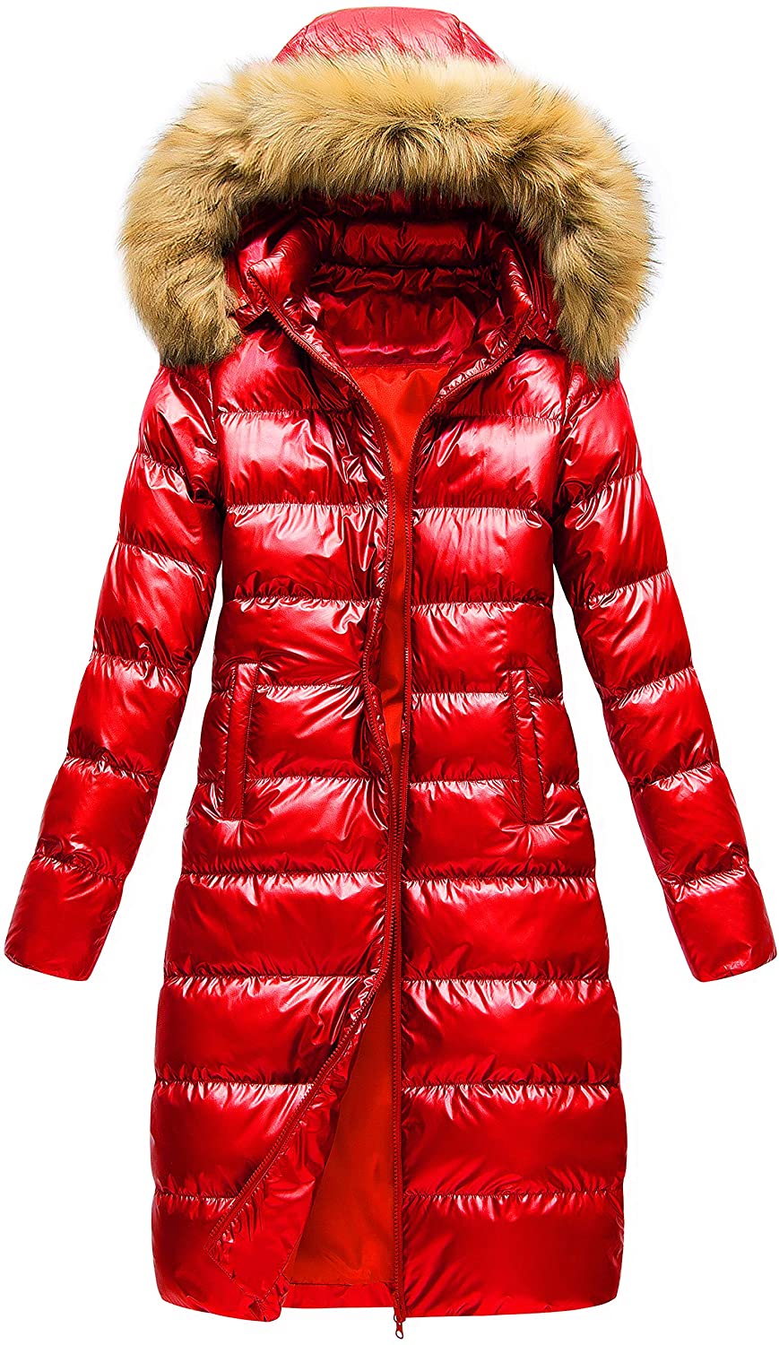 CREATMO US Women's Long Winter Jacket Metallic Shiny Puffer Warm Coat With  Belt