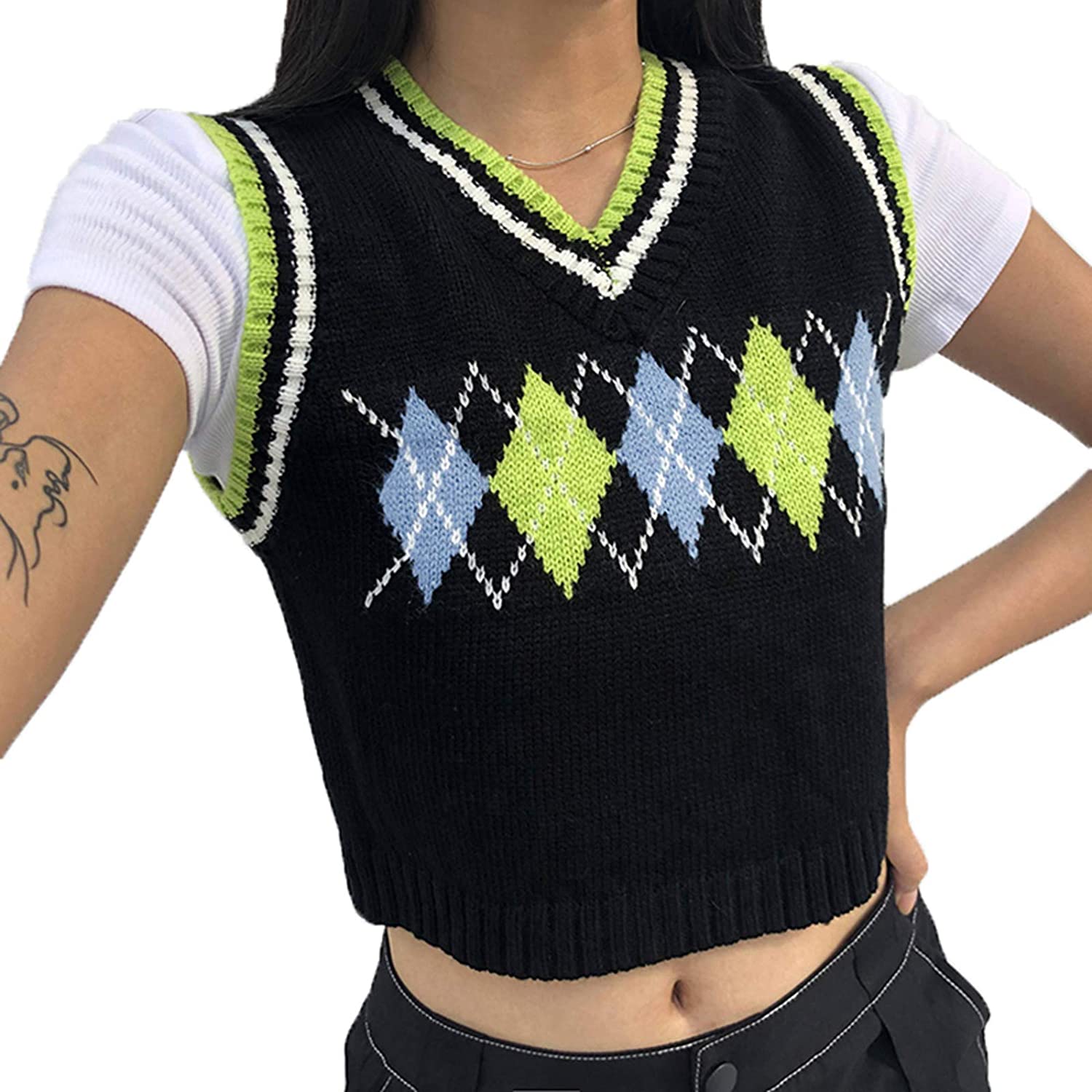Meihuida Women Argyle Sweater Vest Y2k Sleeveless V Neck Knitwear Tank Tops 