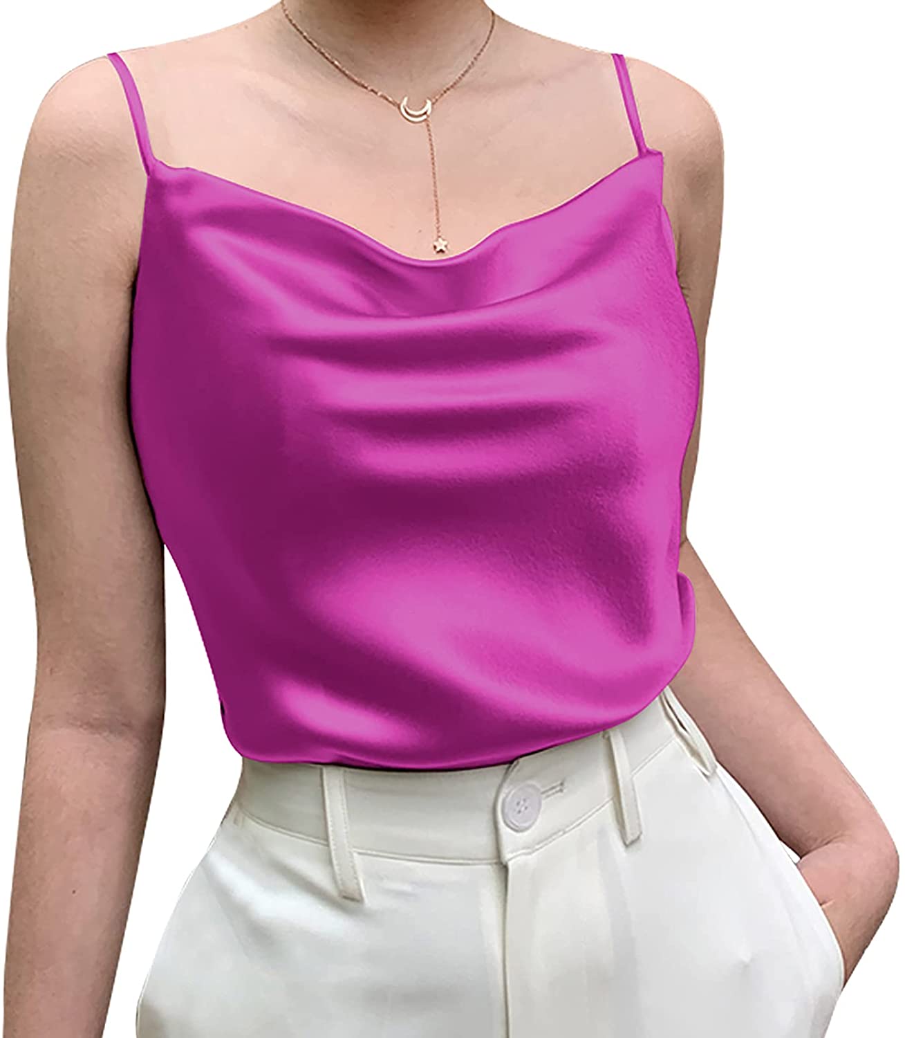 RQYYD Reduced Womens Silk Satin Tank Tops V Neck Casual Cami Sleeveless  Camisole Blouses Summer Loose Fit Basic Tank Shirt Pink L 