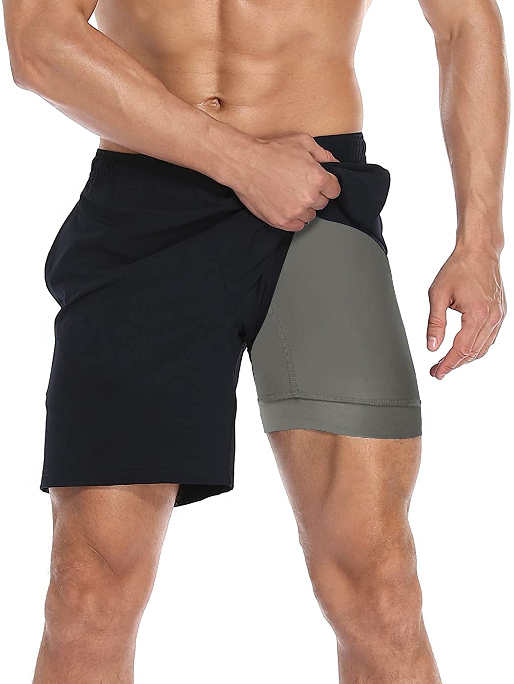 LRD Mens Athletic Workout Shorts with Compression Liner 7 inch Inseam