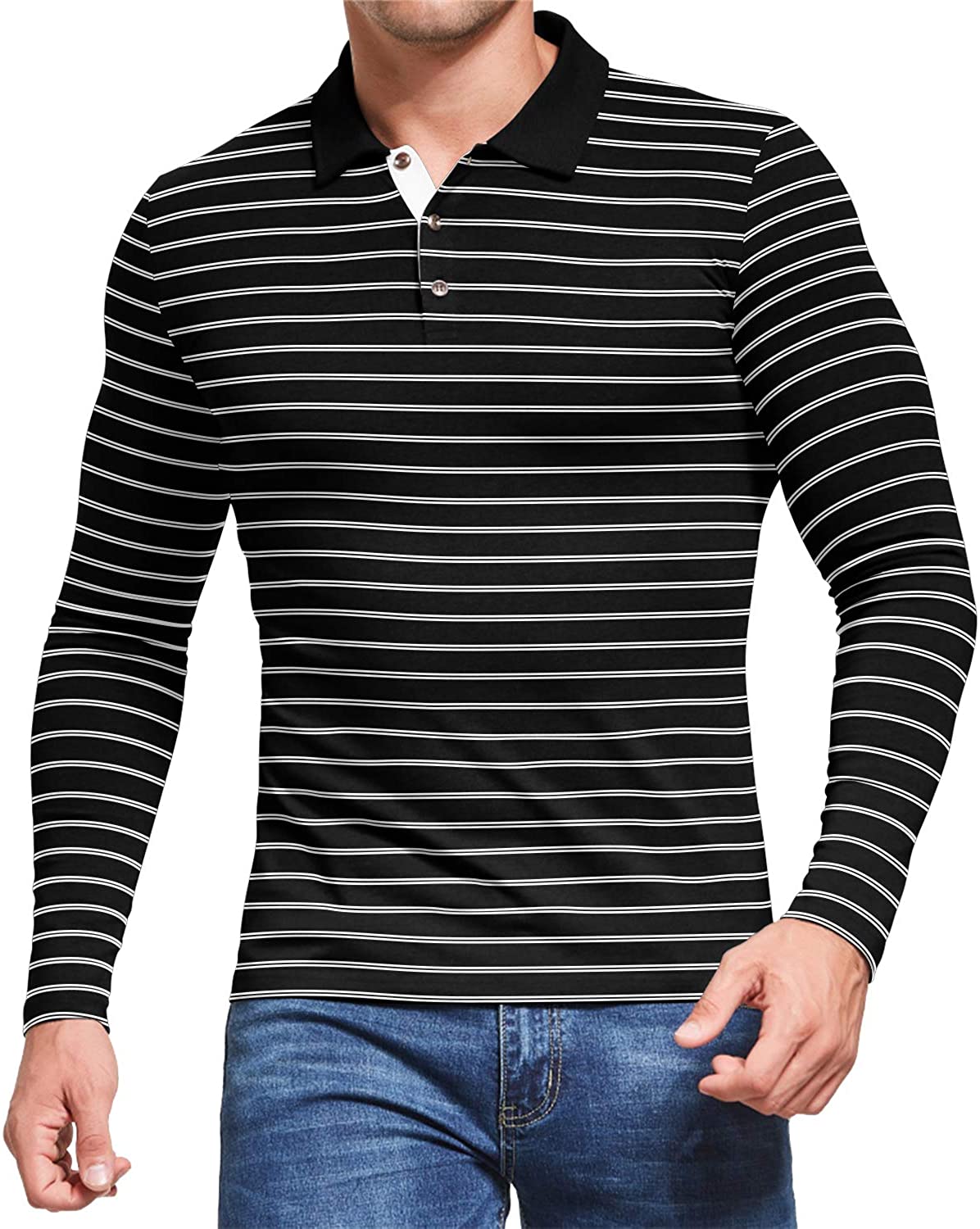 MLANM Men's Polo Shirt Short/Long Sleeve Casual Slim-fit Basic Designed Stripe Cotton Shirts