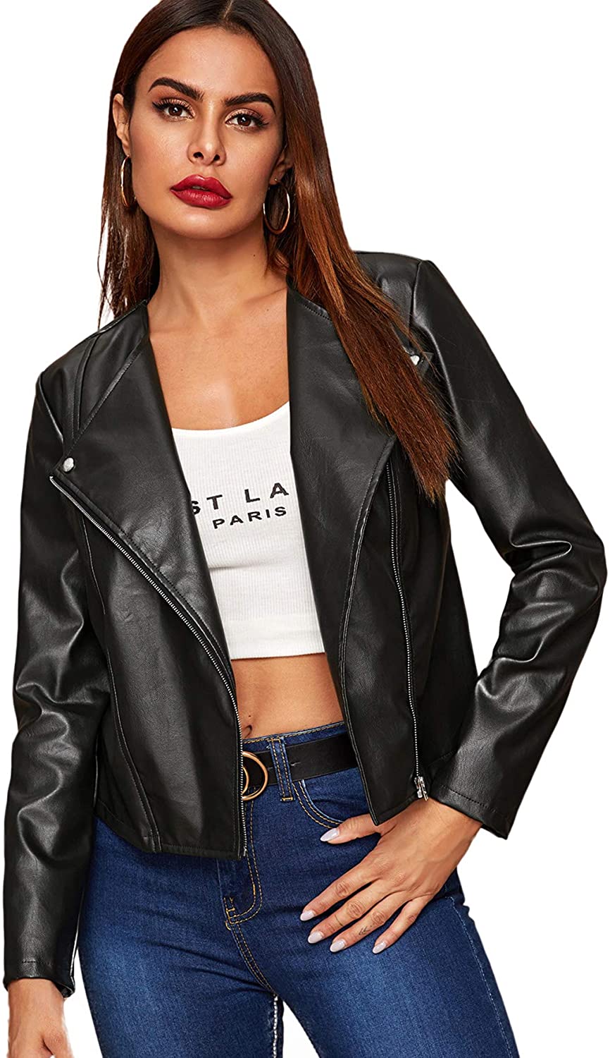 SheIn Womens Zipper Front Casual PU Leather Cropped Jacket Long Sleeve Bolero 