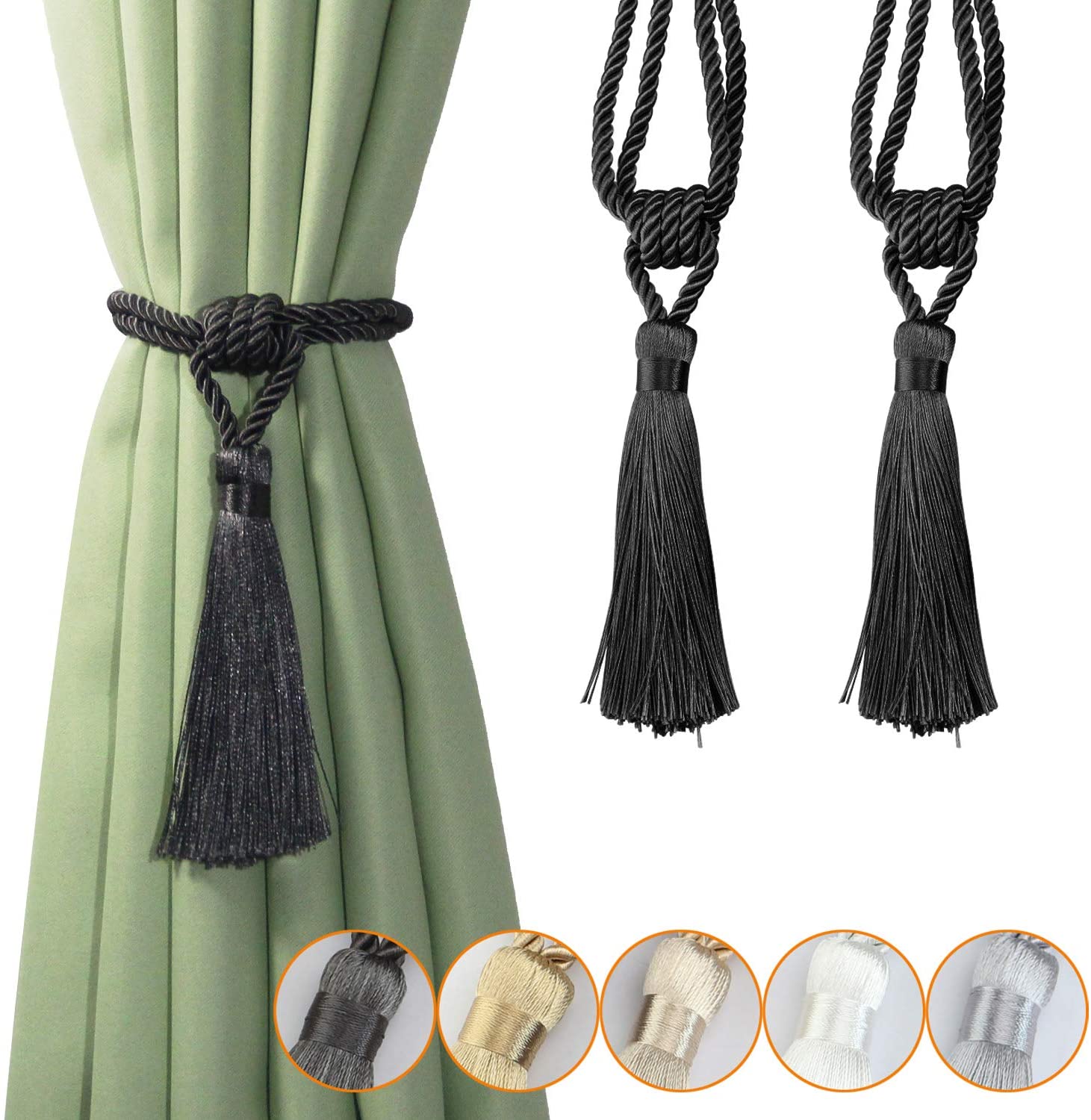 Beige Fenghuangwu 4 Pack Curtain Tiebacks Handmade Decorative Curtain Holdbacks Rope with Double Headed Tassel 
