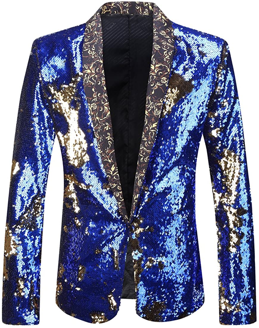 PYJTRL Men Stylish Two Color Conversion Shiny Sequins Blazer Suit