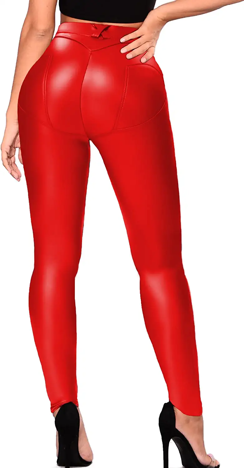 Minetom Women's Gothic Faux Leather Leggings High Waist Skinny Trousers  Tights Treggings Cross Strap Leggings PU Leather Look, C Red : :  Fashion