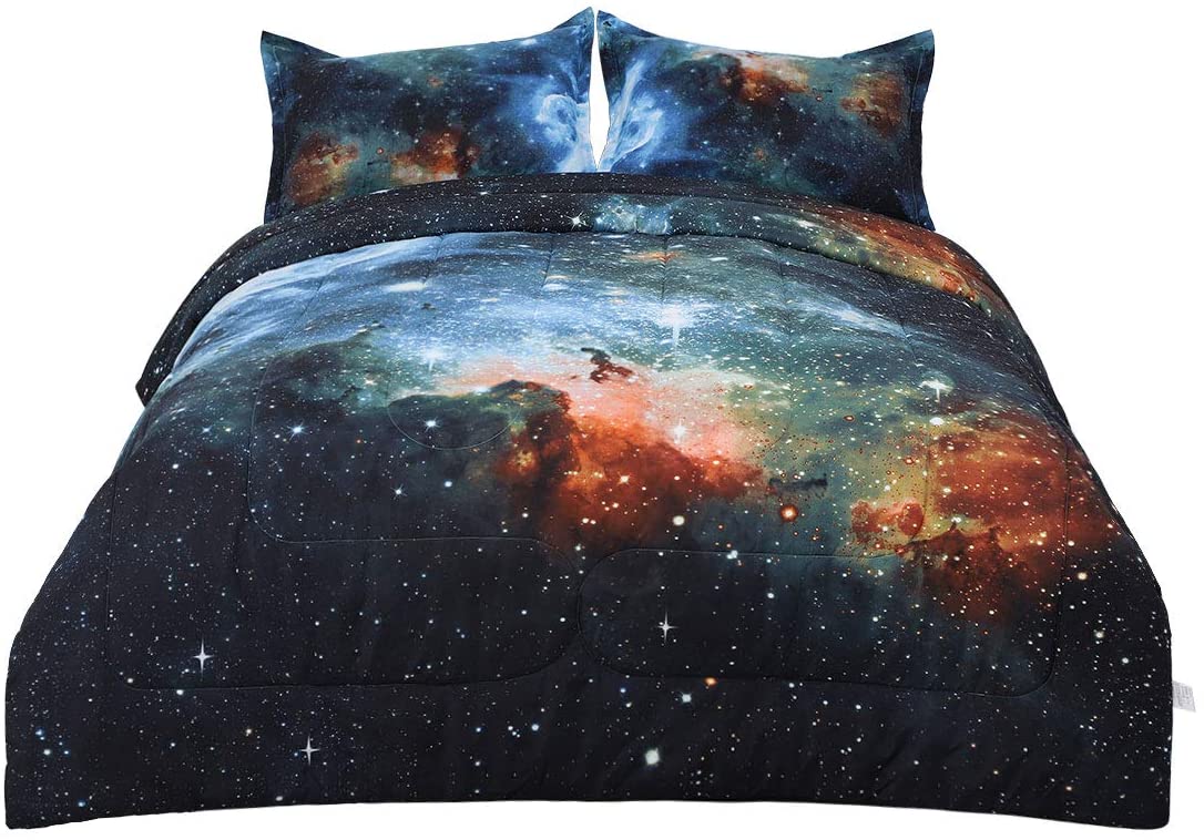 3D Space Themed uxcell Full/Queen 3-Piece Galaxies Dark Blue Comforter Sets 