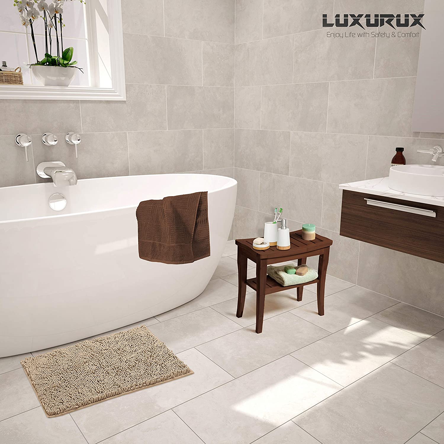 LuxUrux Bath Mat-Extra-Soft Plush Bath Shower Bathroom Rug,1'' Chenille... 