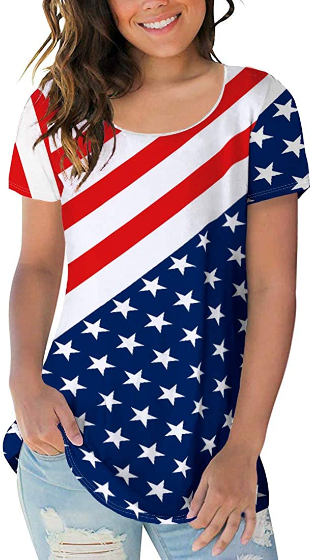 Sousuoty American Flag Shirt Women Short Sleeve Tops Scoop Neck Casual 