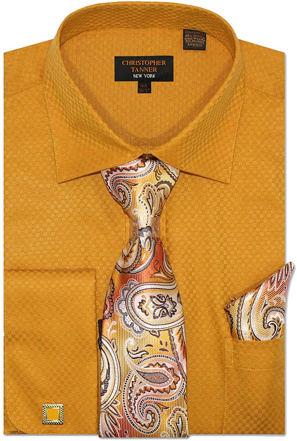 C Allen Mens Dress shirts Necktie Combo French cuffs Solid Square Pattern Gold 