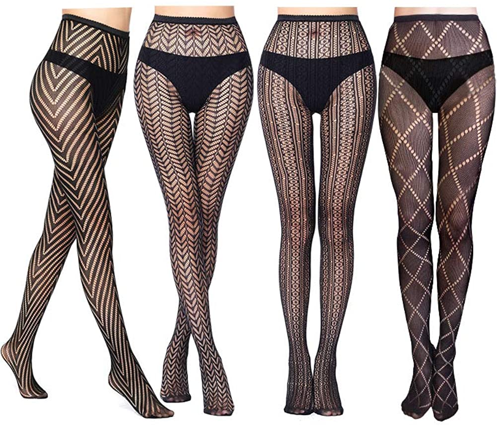  4 Styles Women Net Stockings 4 Pairs Black Patterned Fishnet  Tights