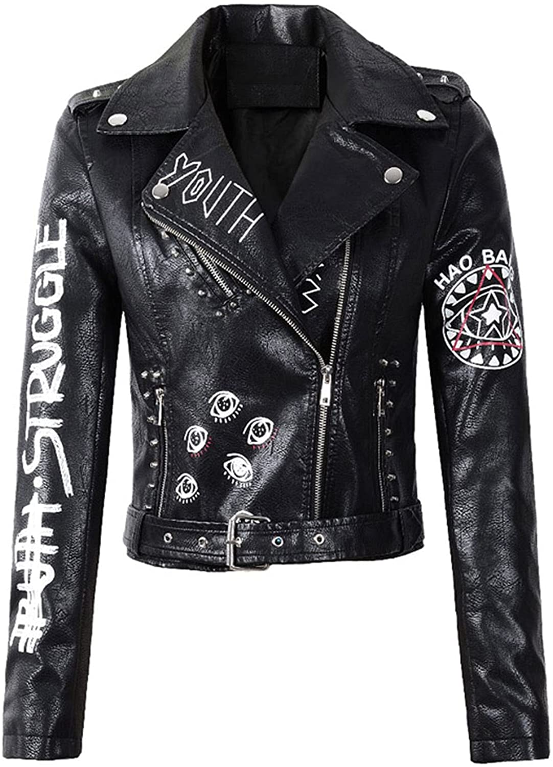 Leather Jacket Women Rock Motor Biker Jacket Ladies Studded Graffiti Punk Cropped Black Cartoon Girl Coat 