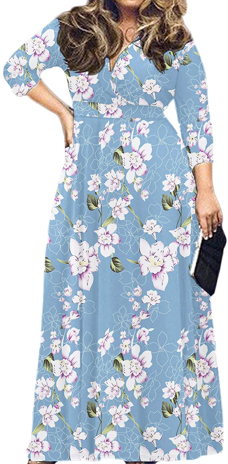POSESHE Women's Solid V-Neck 3/4 Sleeve Plus Size Evening Party Maxi Dress  | eBay