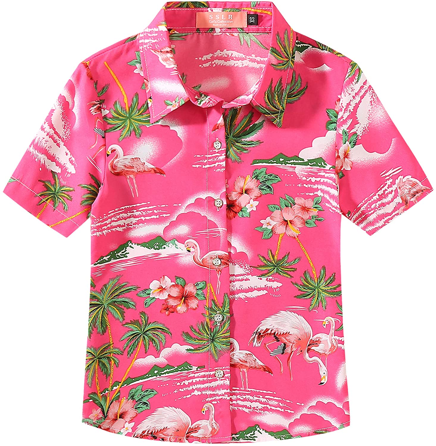 SSLR Big Girls Flamingos Button Down Short Sleeve Hawaiian Shirt