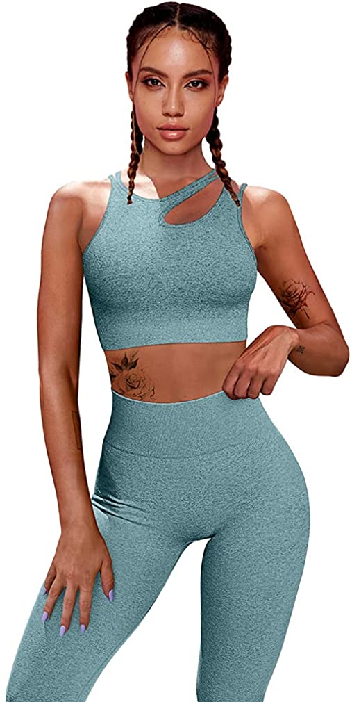 HYZ Women's Workout 2 Piece Outfits High Waist Running Leggings Removable Padded Corp Top Bra Sets