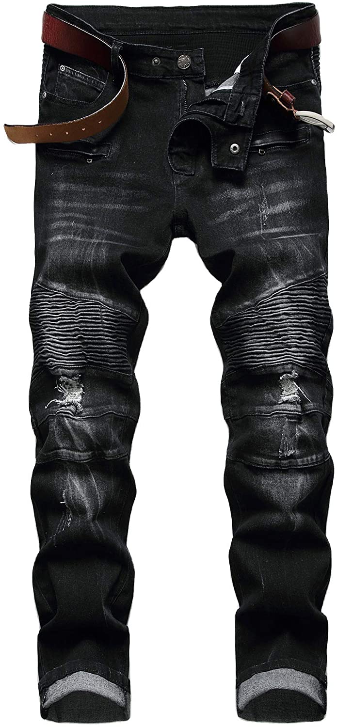 Liuhond Skinny Slim Fashion Men's Ripped Straight Holes Hip Hop Biker Stretchy Jeans 