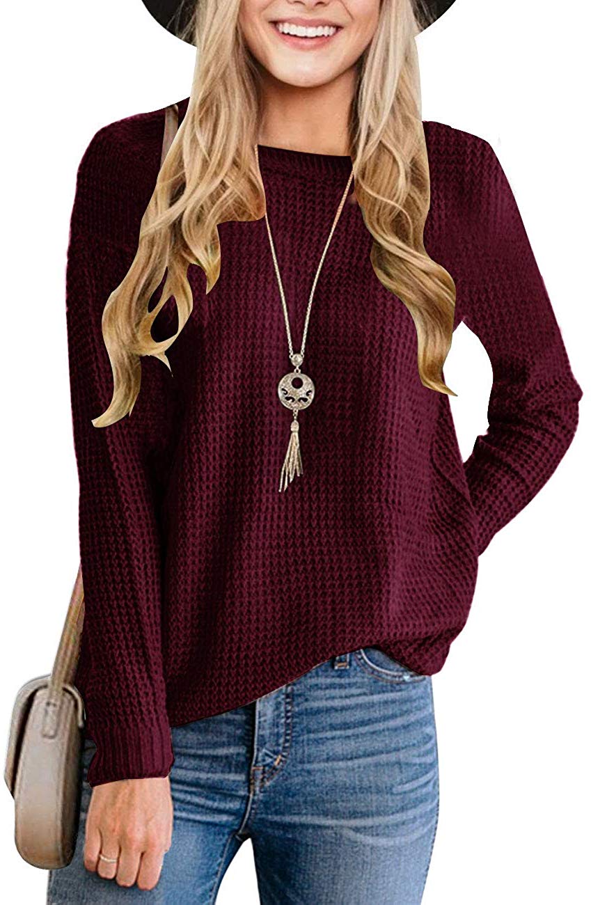 MEROKEETY Women's Long Sleeve Waffle Knit Sweater Crew Neck Solid Color  Pullover