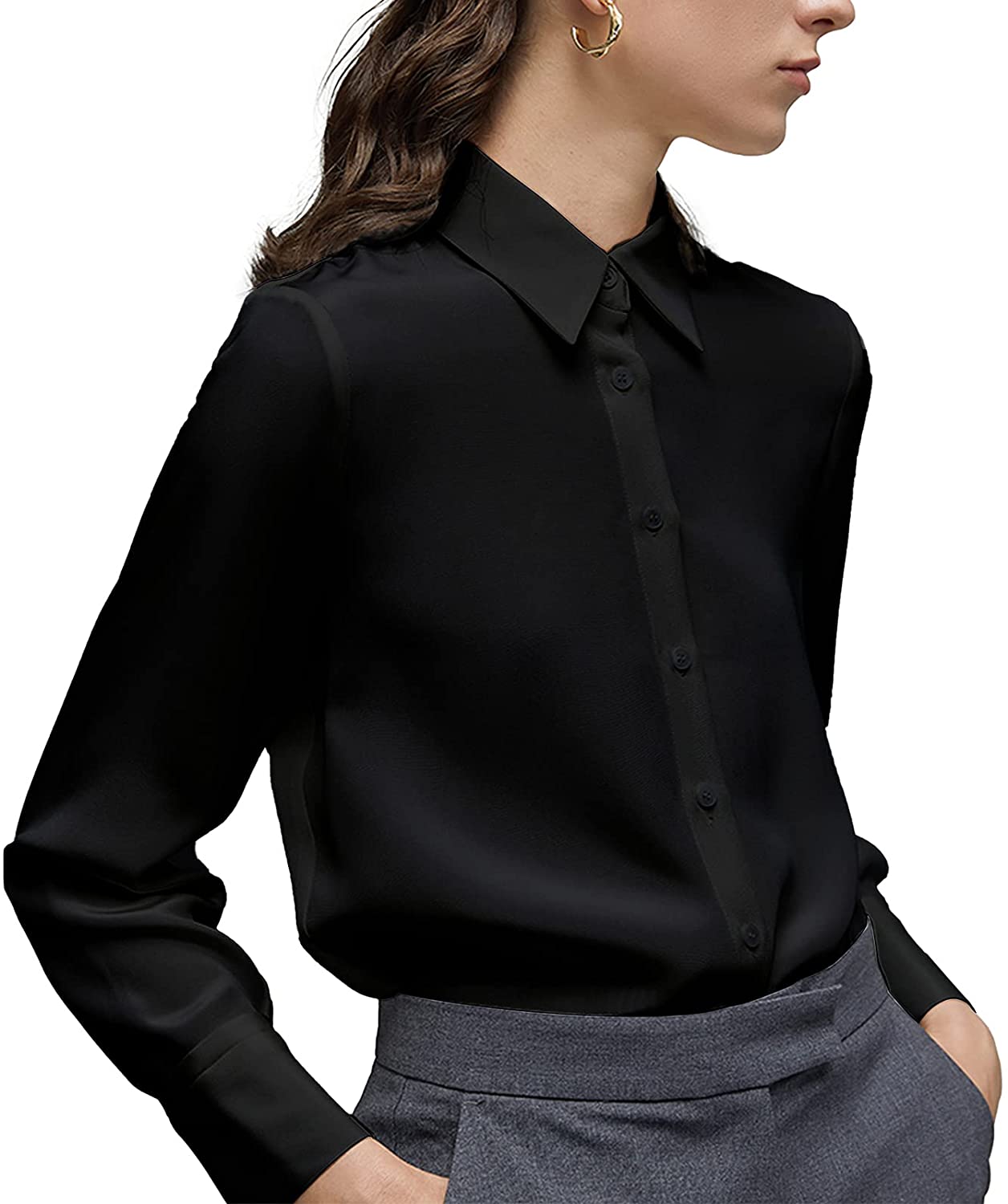 YAMANMAN Women's Button Down Shirt Classic Long Sleeve Collared Tops Work  Office Chiffon Blouse Grey at  Women's Clothing store