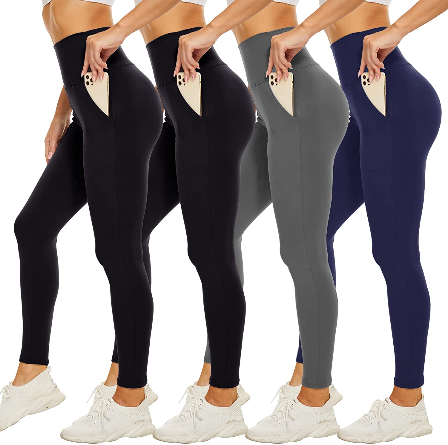 CAMPSNAIL 4 Pack High Waisted Leggings for Women- Soft Tummy Control  Slimming Yoga Pants for Workout Running Reg & Plus Size (Color: 4 Packs,  Black/Dim Grey/White/Coffee, Tamaño: XX-Large)