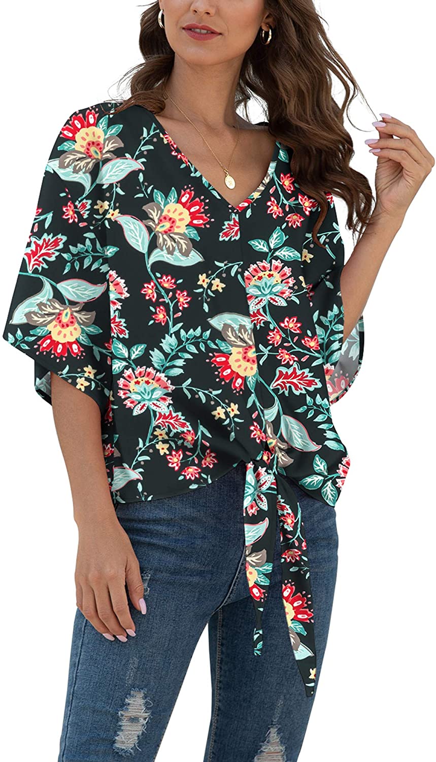 VIISHOW Womens Short Sleeve V Neck Floral Tie Front Chiffon Blouses Batwing Summer Tops Shirts 