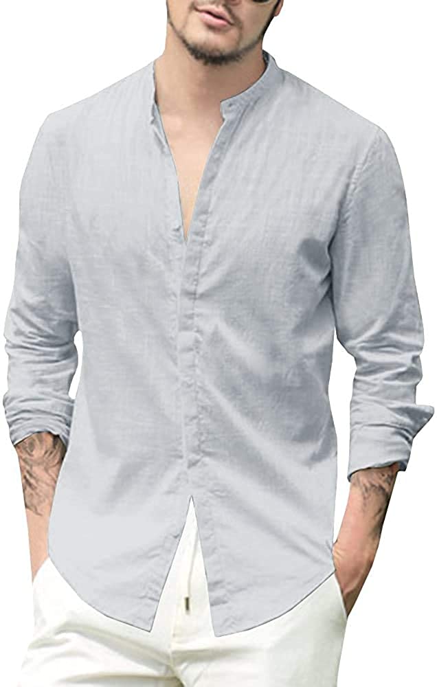 JEKAOYI Mens Summer Casual Cotton Linen Shirts Buttons Down Long Sleeve Solid Plain Beach T Shirts 