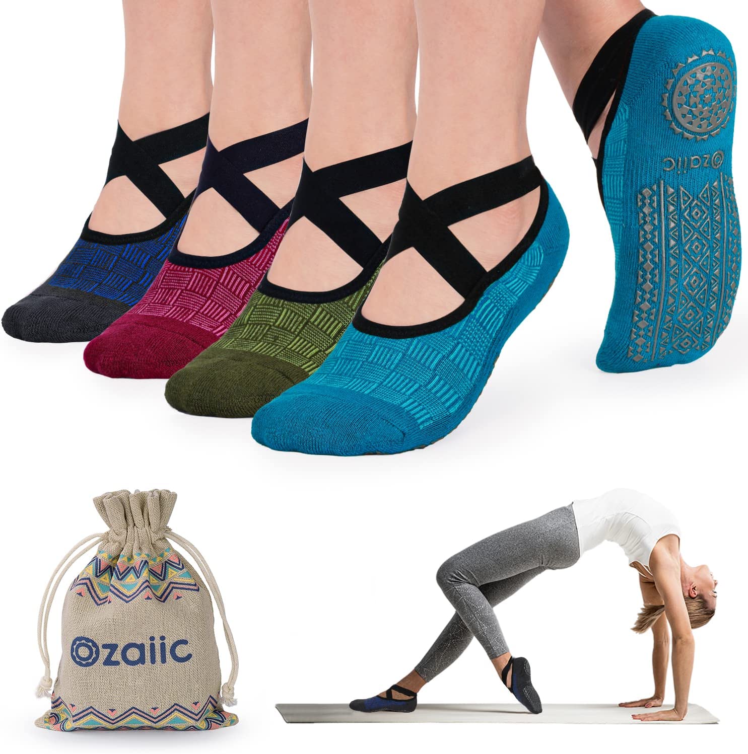  Ozaiic Yoga Socks For Women Non-Slip Grips & Straps, Ideal  For Pilates, Pure Barre, Ballet, Dance, Barefoot Workout