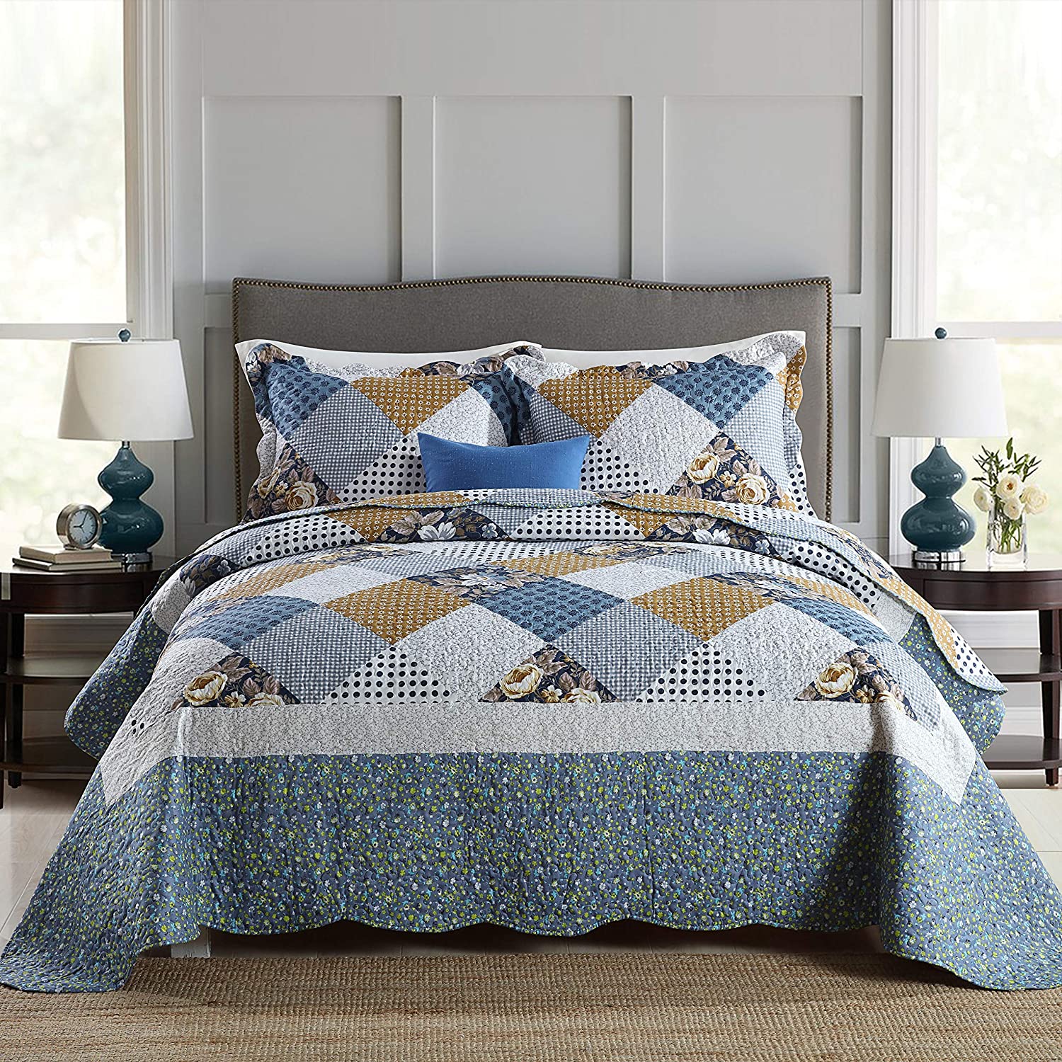 Elegant Grey, King Travan Bedspread Quilt Set 3-Piece Oversized King Quilted Coverlet Set with Shams 