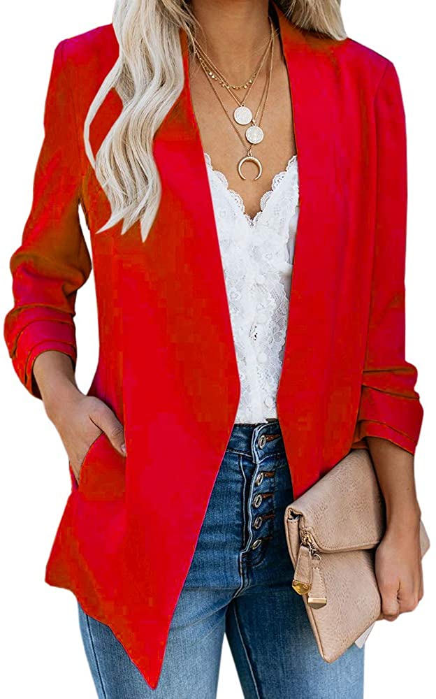Ofenbuy Womens Casual Blazer Ruched 3/4 Sleeve Open Front Relax Fit Office Lightweight Cardigan Jacket Blazers 