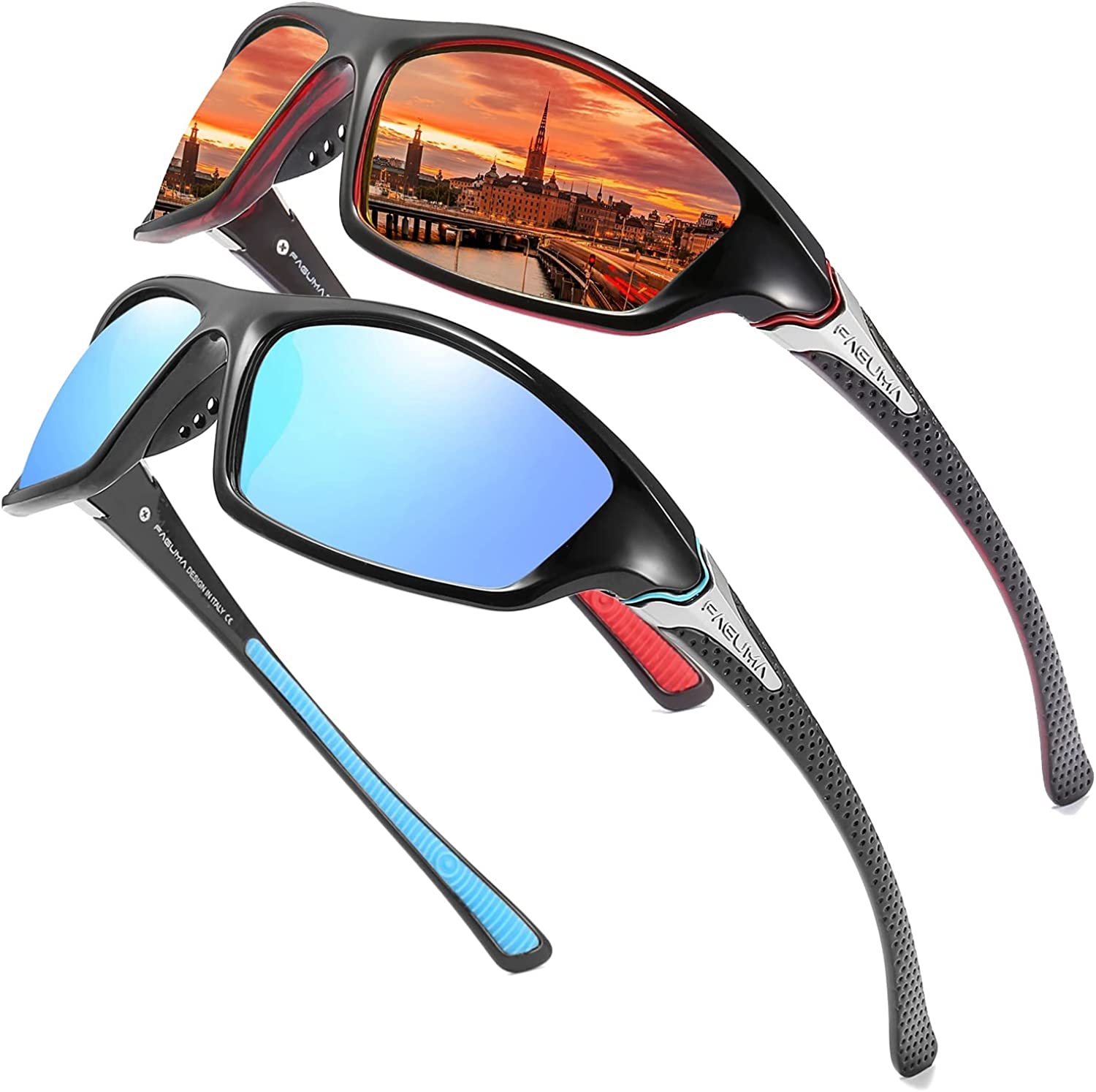 FAGUMA Sports Polarized Sunglasses for Men Cycling Driving Fishing 100% UV Protection, Black Blue Frame/Blue Mirrored Lens