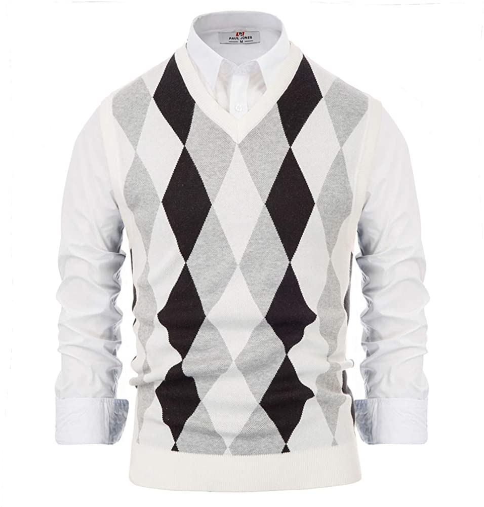 PJ PAUL JONES Mens Argyle Sweater Vest Knitted Casual V-Neck Pullover Vest 